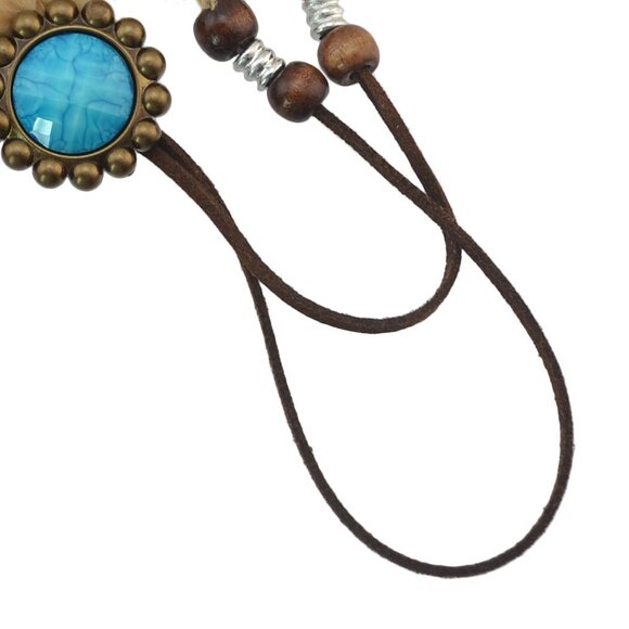 9724 Boho Handmade Rope Leather Brown Feather Headbands With Wood Beads